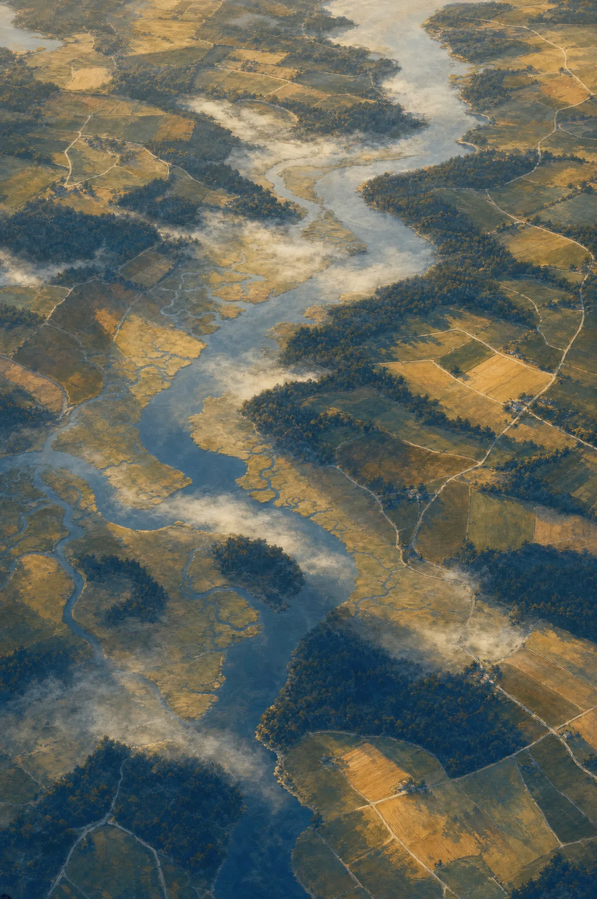 Painterly aerial view of tidewater Virginia at dawn: rivers, fields, and roads reading like a living map